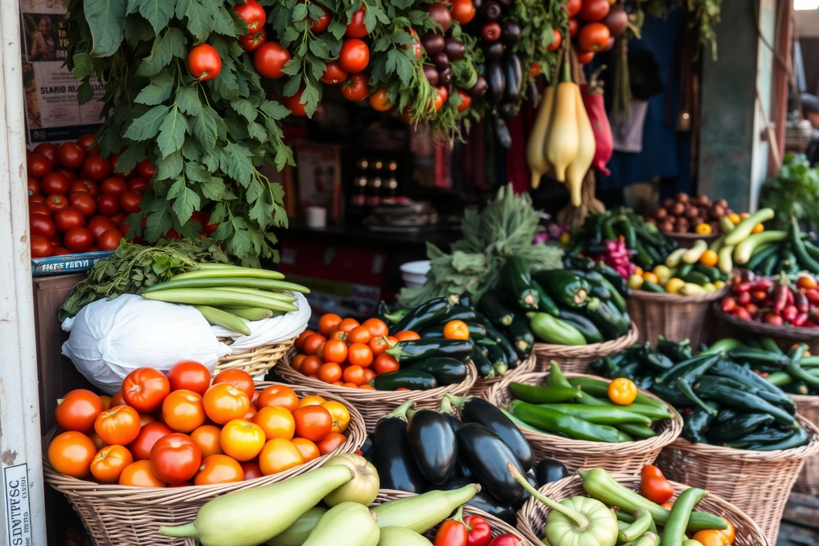Open-air market stall overflowing with fresh produce