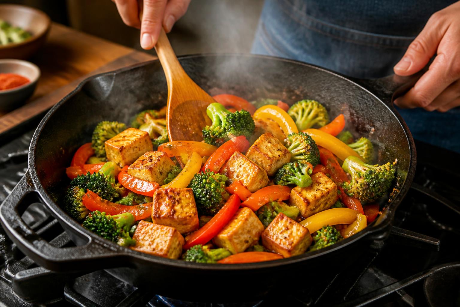 Hands tossing vegetables in a hot wok