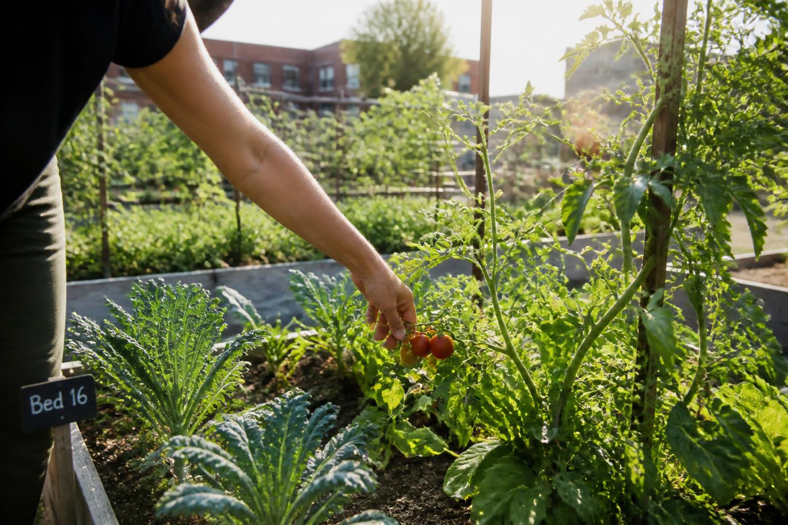 Volunteers harvesting vegetables in a community garden
