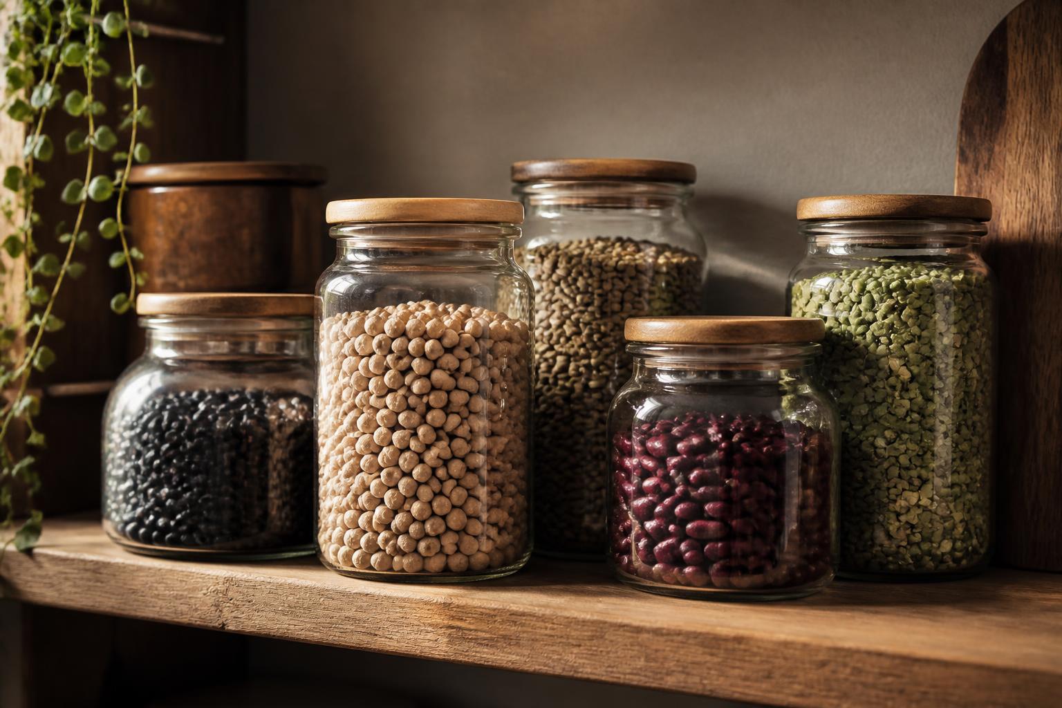 Glass jars filled with colorful beans, lentils, and grains